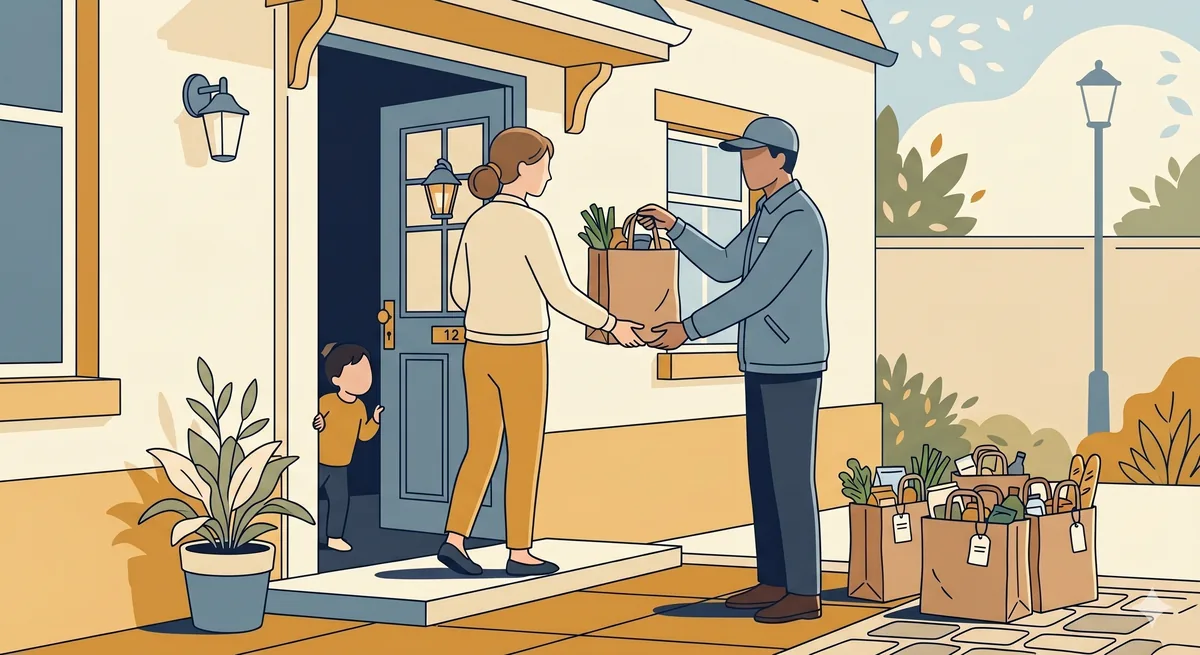 A parent at a sunlit front door takes a bag of groceries from a delivery driver; more full bags wait on the path and a child looks on.