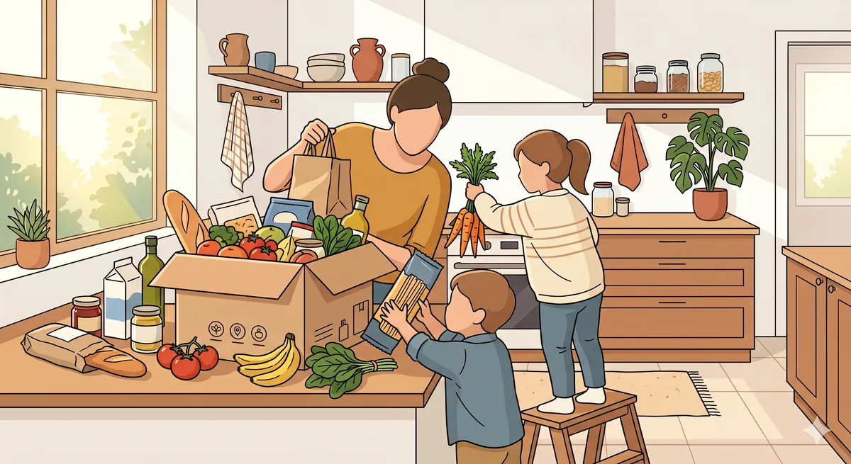 In a bright kitchen, a parent and two children unpack a box brimming with fruit, vegetables and bread onto the counter.