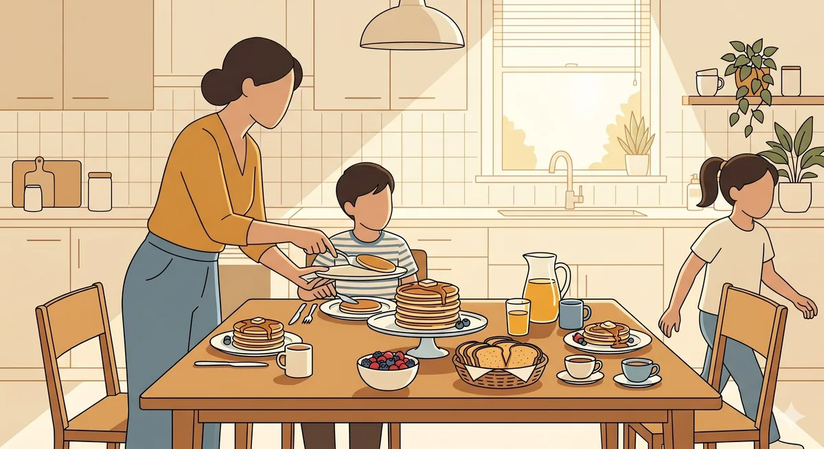 A parent serves pancakes to a child at a table laid with stacks of pancakes, berries, toast, juice and coffee; another child approaches.