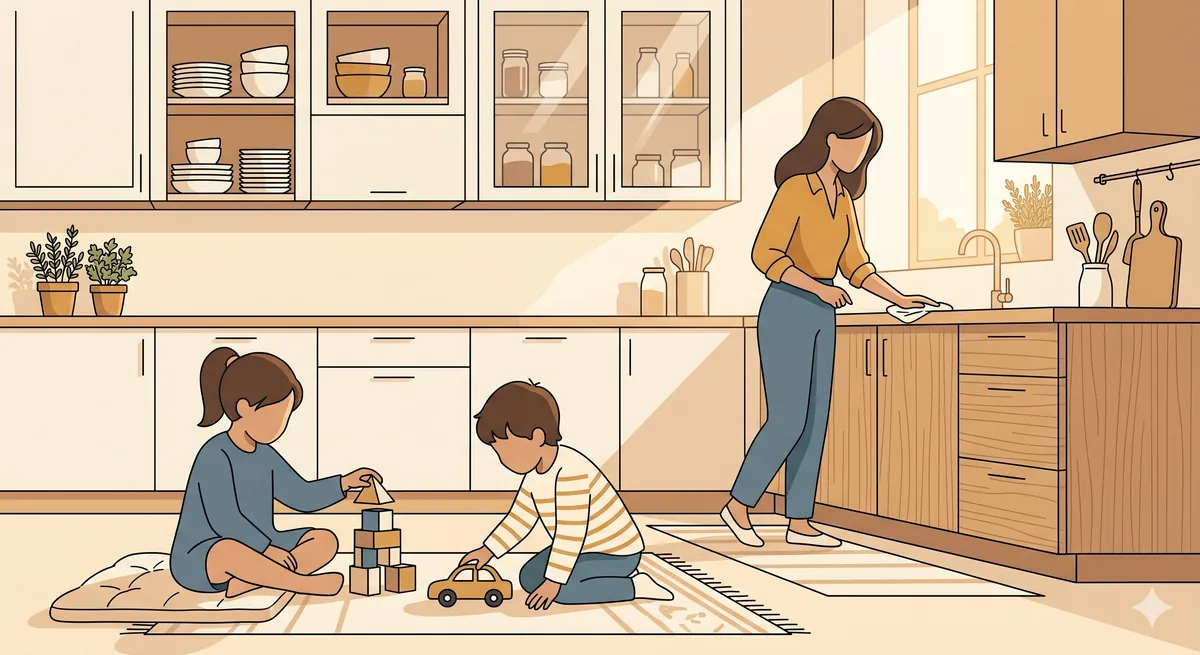 In a warm, well-stocked kitchen, two children play with blocks and a toy car on a rug while a parent wipes the counter.