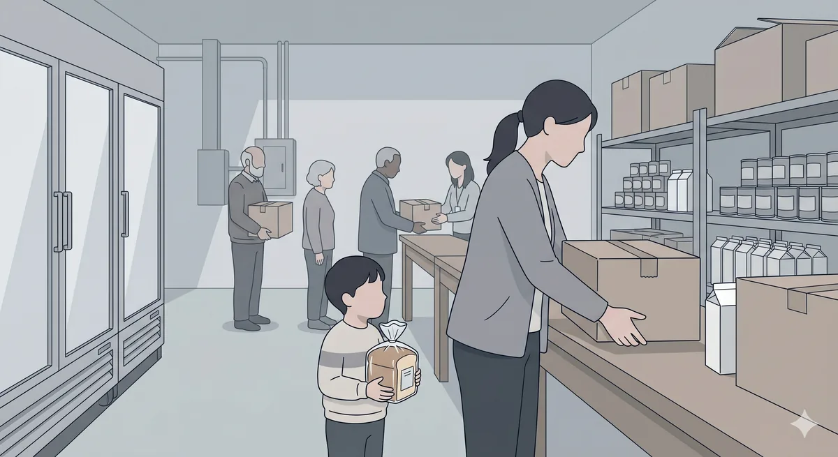 At a food bank, a parent and child collect boxes from stocked shelves while a volunteer hands a box to others waiting; the child holds a loaf of bread.