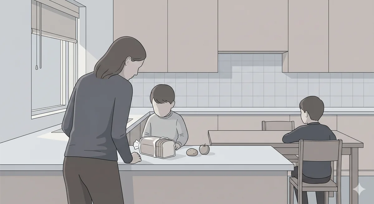 In a bare grey kitchen, a parent stands at a near-empty counter holding a single loaf of bread beside one potato and an apple; a child waits and another sits at an empty table.