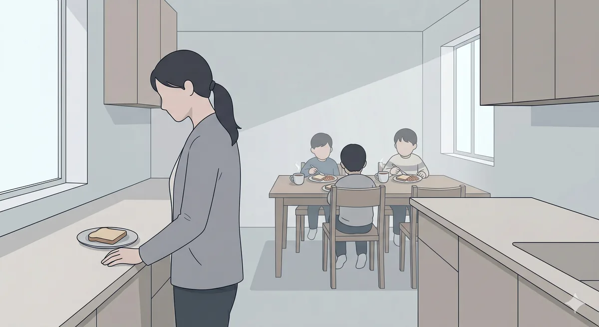 In a grey kitchen, two children eat a small breakfast at the table while a parent stands apart at the counter with a single plate of toast.