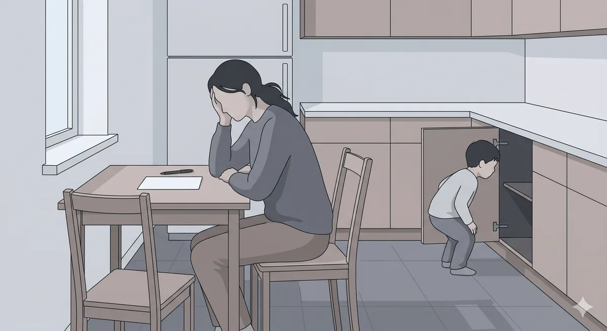 In a grey kitchen, a parent sits at a bare table resting their head on one hand beside a blank sheet of paper, while a child peers into a near-empty cupboard.
